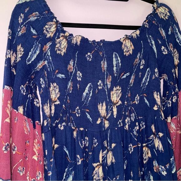 J Gee Sundress XL Midi Smocked Boho Print Bell Sleeves Blue Purple - Picture 7 of 8